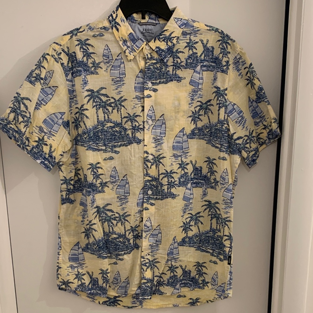 Izod Men's Casual Shirt - Blue and Yellow Tropical Print